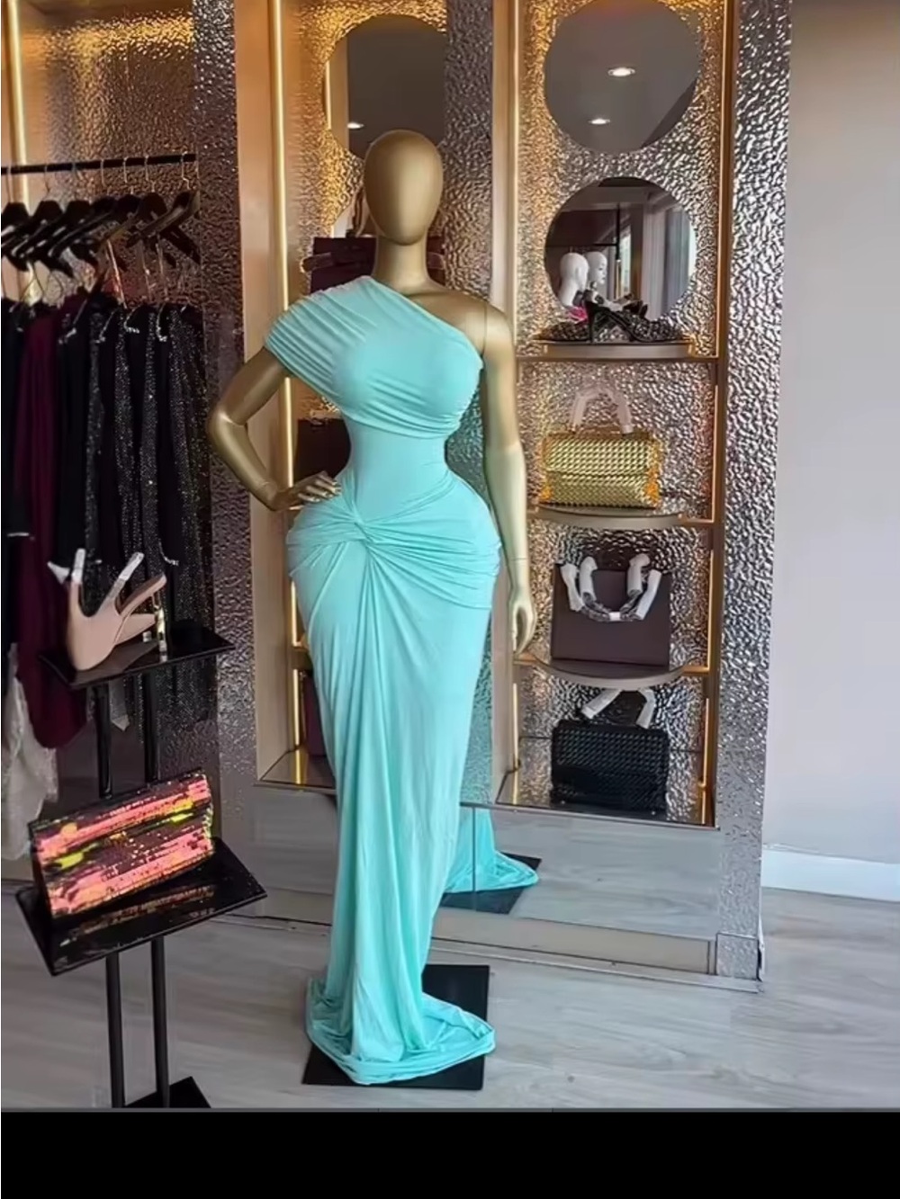 One-Shoulder Aqua Draped Evening Gown - Picture 11 of 11